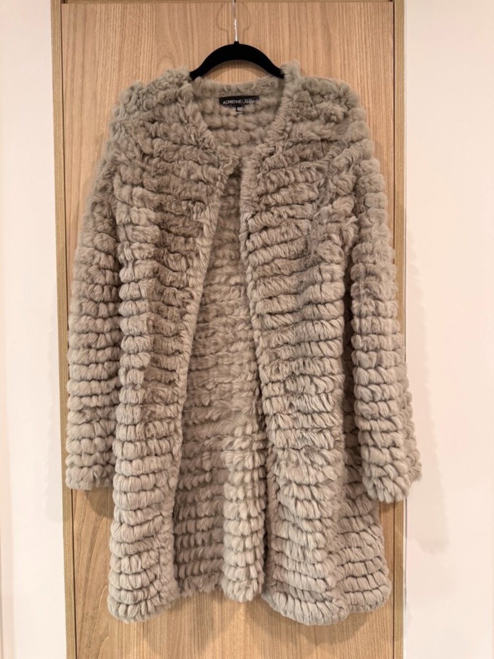 Adrienne Landau Genuine Rabbit Fur Knit Coat Taupe Long Cardigan Jacket Size S